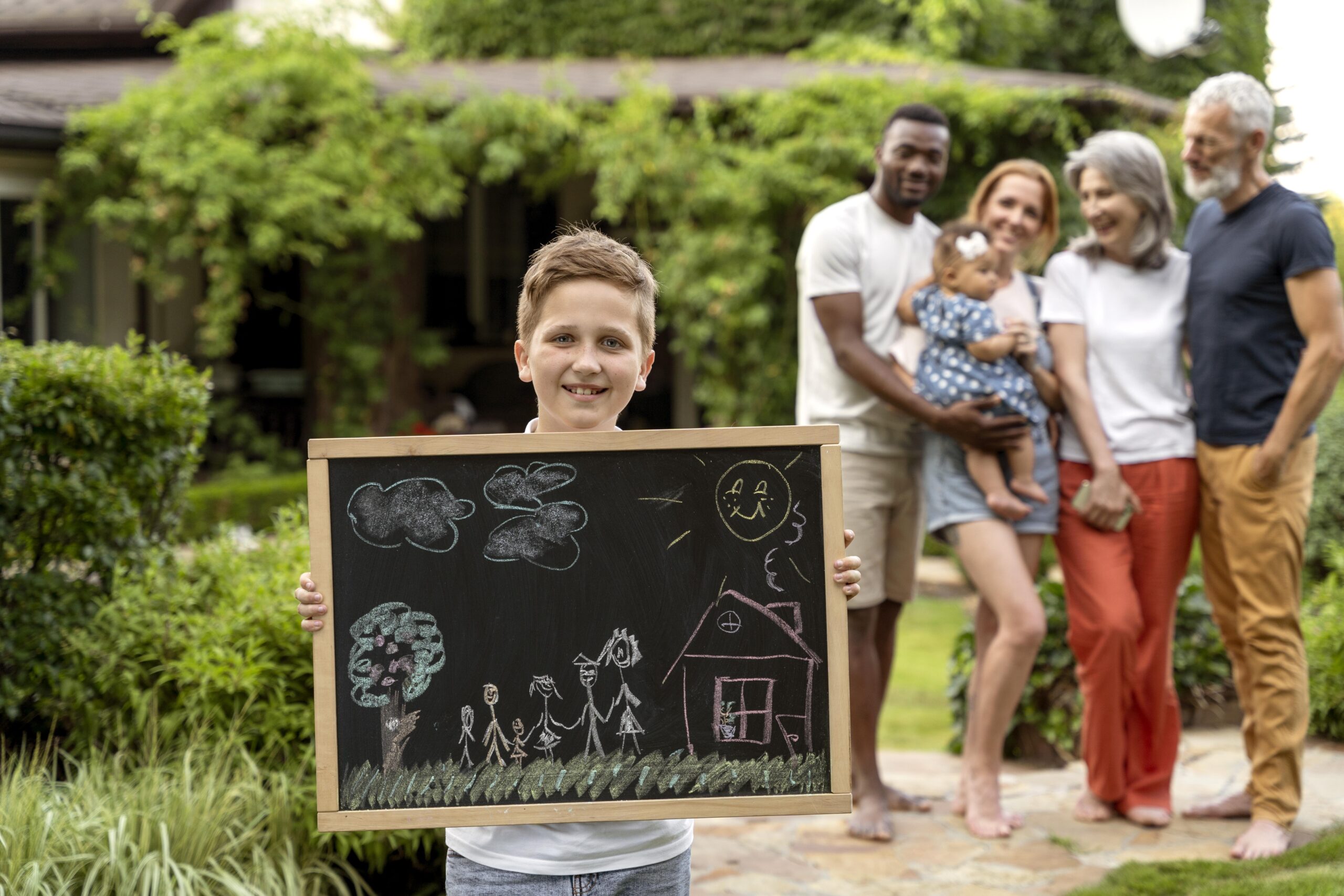 Image of a family unit posing for a photo in the background. A young boy hold up a blackboard drawing of his family home.